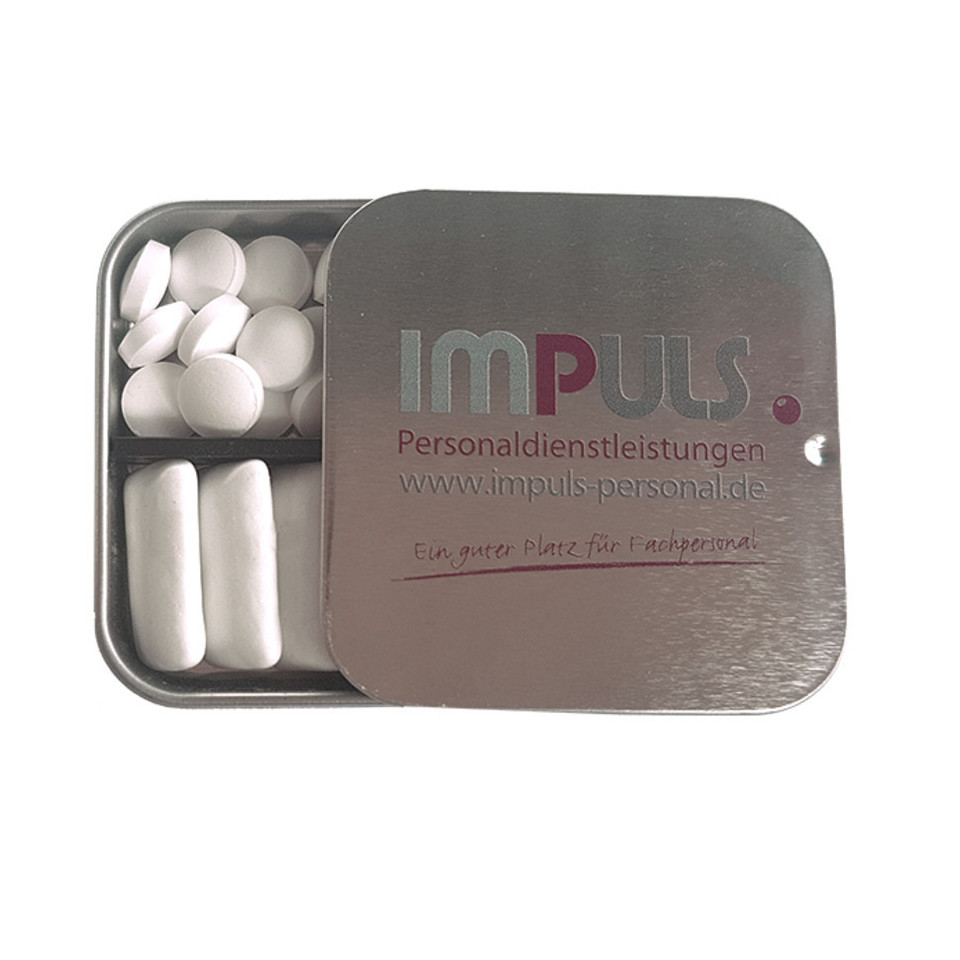Boîte coulissante publicitaire avec séparation pastille et chewing-gum