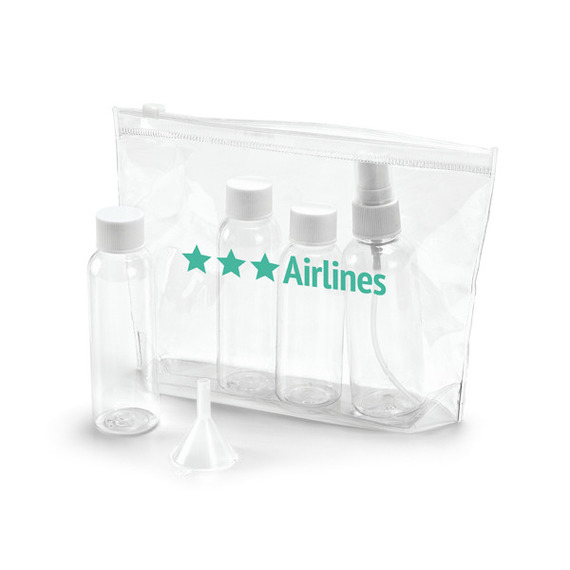 Kit voyage avion: Trousse de toilette avion + 4 flacons & entonnoir