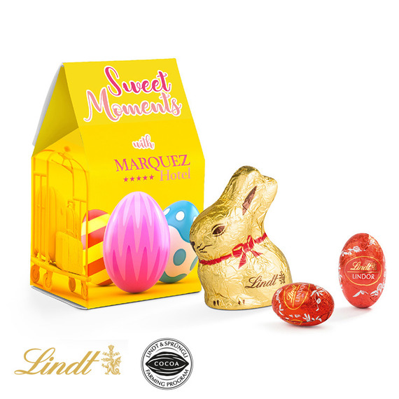 Boîte de Pâques publicitaire personnalisée avec lapin et œufs Lindt