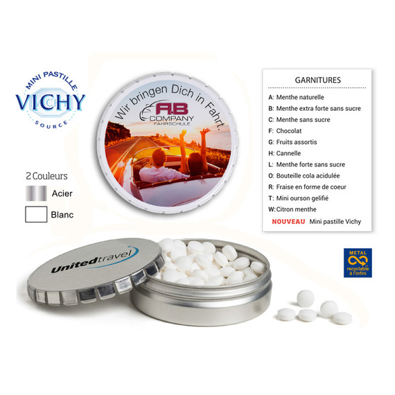 Boîte de mini pastille VICHY 76 mm personnalisable fabriqué en France