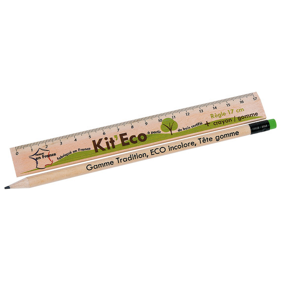 Set crayon, gomme et règle en bois certifié personnalisé - KIT ECO 3