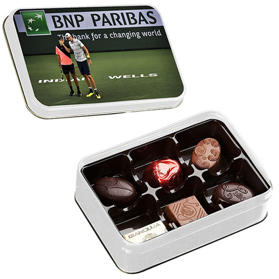 Boîtes métal personnalisées blanches 6 chocolats Leonidas