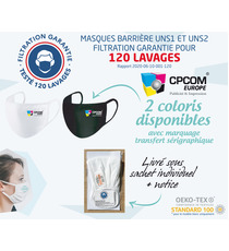 Masque tissu publicitaire réutilisable certifié DGA 100 lavages AFNOR UNS1