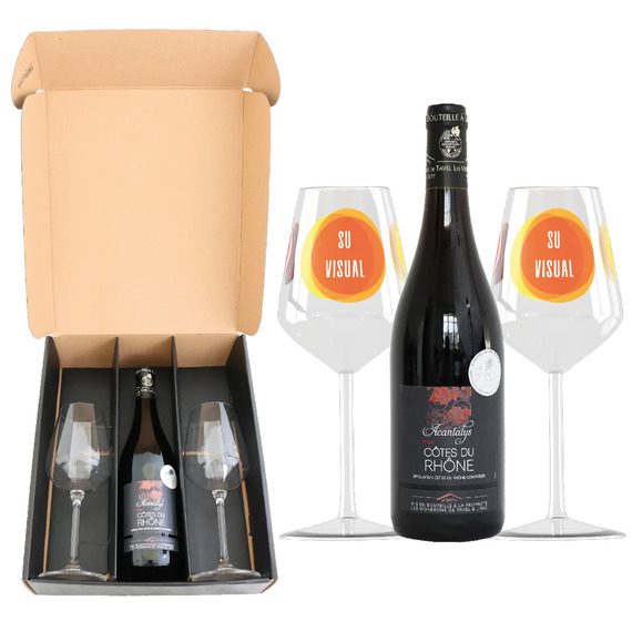 Coffret vin Côtes du Rhône et verres à vin en verre personnalisés express
