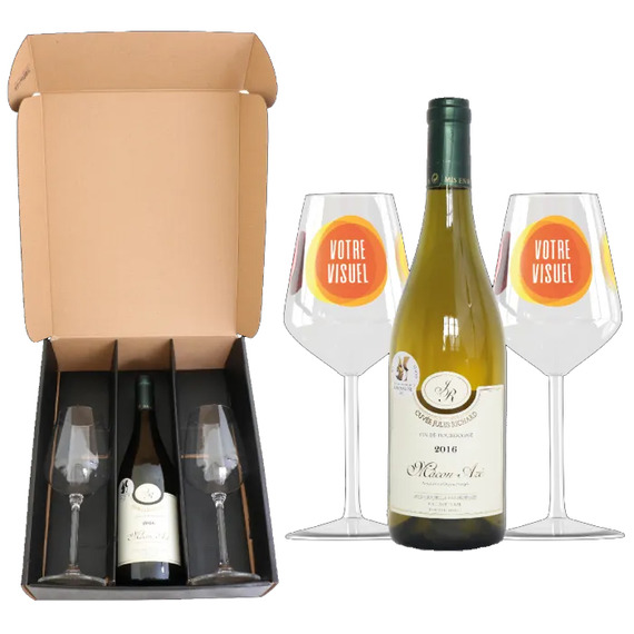 Coffret vin Mâcon 2016 et verres à vin en verre personnalisés express