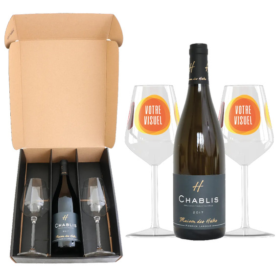 Coffret vin Chablis 2017 et verres à vin en verre personnalisés express