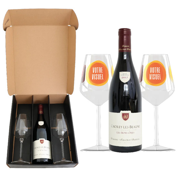 Coffret vin Chorey les Beaunes et verres à vin en verre personnalisés express