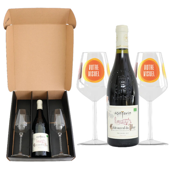 Coffret vin Châteauneuf-du-Pape et verres à vin en verre personnalisés express