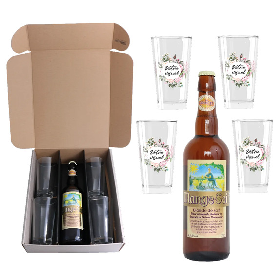 Coffret bière Mange-Soif et verres publicitaires fabriqués en