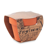 Petit pot en terre cuite publicitaire contenant des graines de myosotis Petit pot en terre cuite publicitaire contenant des graines de myosotis