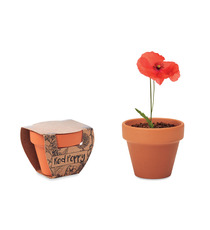 Petit pot en terre cuite publicitaire contenant des graines de coquelicot