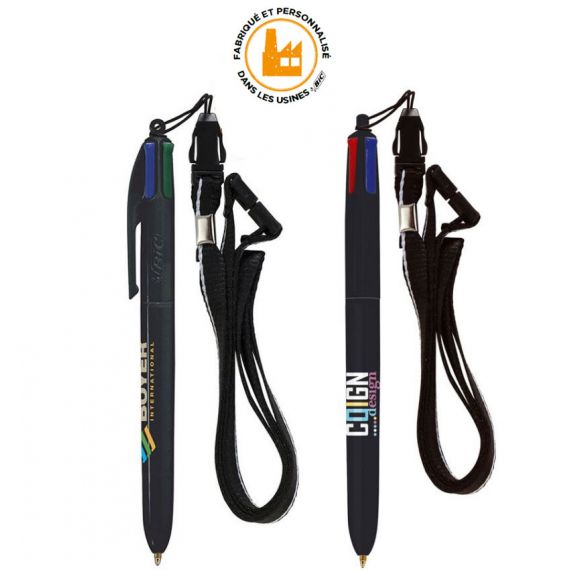 Stylo BIC personnalisable 4 couleurs Black avec lanyard