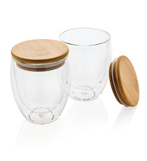 Set publicitaire de 2 verres double paroi 250ml avec couvercle en bambou