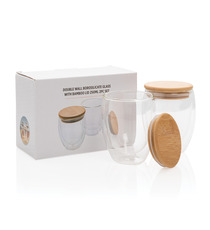 Set publicitaire de 2 verres double paroi 250ml avec couvercle en bambou