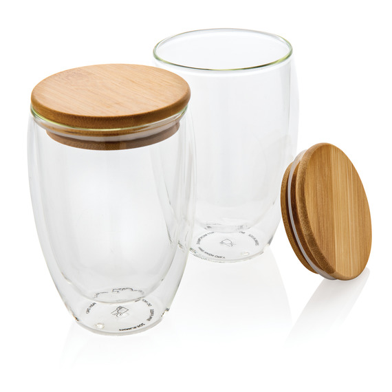 Set publicitaire de 2 Verres double paroi 350ml avec couvercle en bambou Set publicitaire de 2 Verres double paroi 350ml avec couvercle en bambou