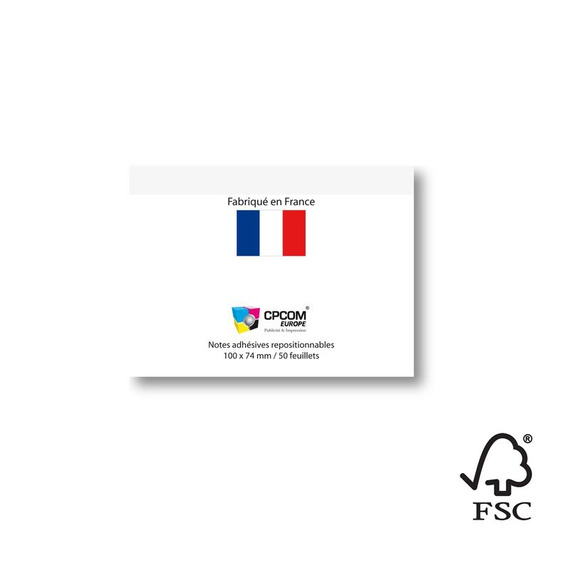 Bloc post-it repositionnables publicitaires France 100 x 74 mm 50 feuilles FSC