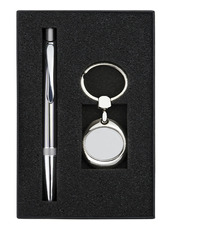Parure publicitaire porte-clés Jeton de caddy   Stylo métal présentés dans une boite cadeau