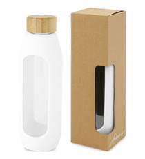 Bouteille publicitaire Tidan de 600 ml en verre borosilicate avec grip en silicone