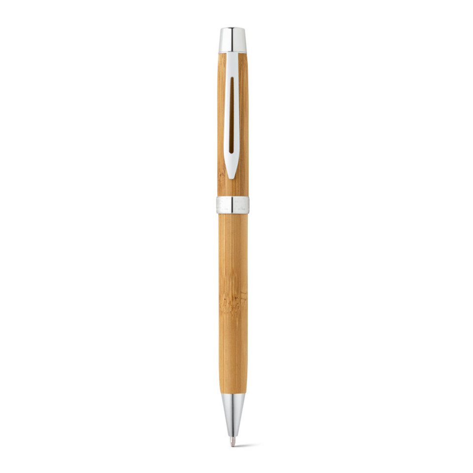 Stylo à bille publicitaire en bambou avec mécanisme twist et clip en métal