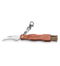 Couteau de poche à champignons publicitaire en acier inoxydable et bois avec mousqueton