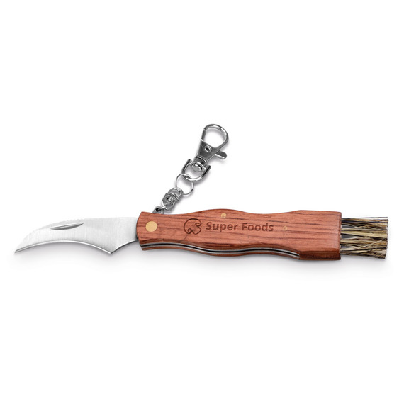Couteau de poche à champignons publicitaire en acier inoxydable et bois avec mousqueton