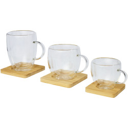 Tasse publicitaire Manti 2 pièces en verre à double paroi de 100 ml avec sous-verre en bambou