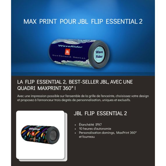 Enceinte bluetooth JBL FLIP Essential personnalisée aux extrémités