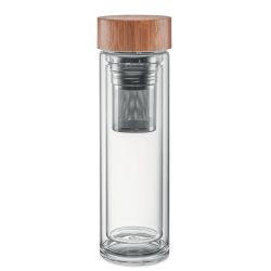 Gourde personnalisable en verre borosilicate double paroi couvercle en bambou avec infuseur à thé 420 ml