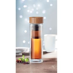 Gourde personnalisable en verre borosilicate double paroi couvercle en bambou avec infuseur à thé 420 ml