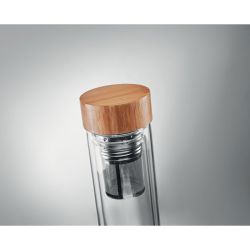 Gourde personnalisable en verre borosilicate double paroi couvercle en bambou avec infuseur à thé 420 ml
