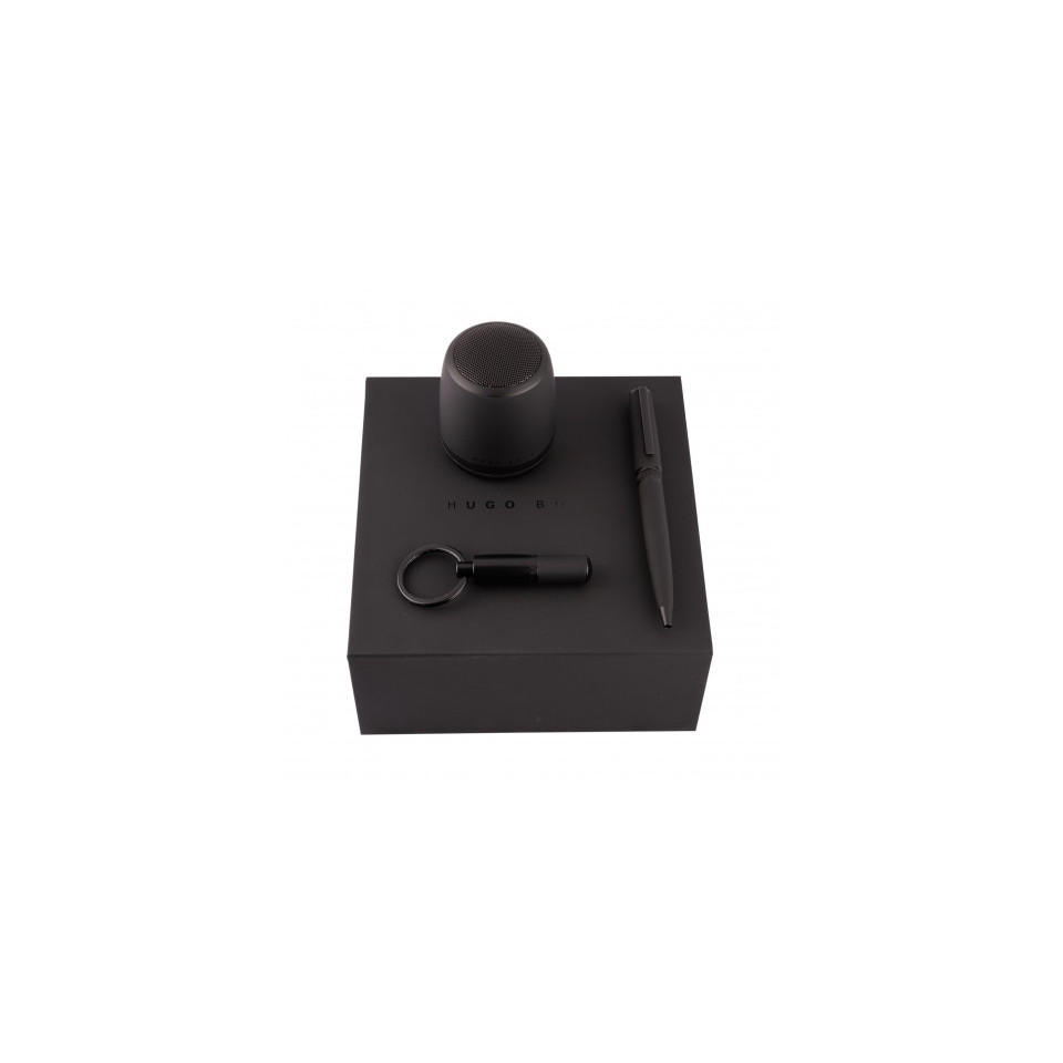 Parure publicitaire Gear Matrix stylo bille, porte clefs et enceinte connectée