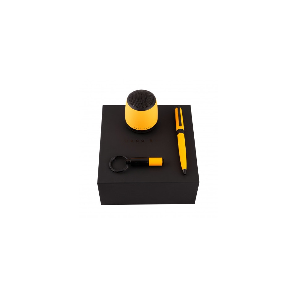 Parure publicitaire Gear Matrix stylo bille, porte clefs et enceinte connectée