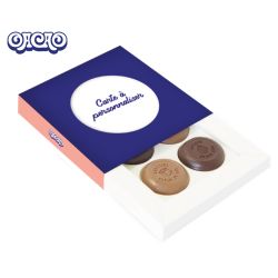 Coffret 4 bonbons palets chocolats fourrés bio personnalisés en étui fabriqué en France