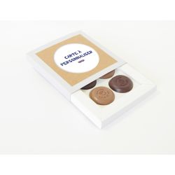 Coffret 4 bonbons palets chocolats fourrés bio personnalisés en étui fabriqué en France
