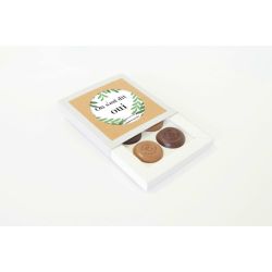 Coffret 4 bonbons palets chocolats fourrés bio personnalisés en étui fabriqué en France
