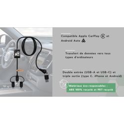Câble type C publicitaire Apple CarPlay et Android Auto logo lumineux 100% recyclé