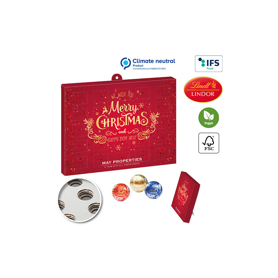 Calendier de l’avent personnalisable 227x165 mm version papier Lindor Lindt veggie 100 % recyclable fabriqué en Europe