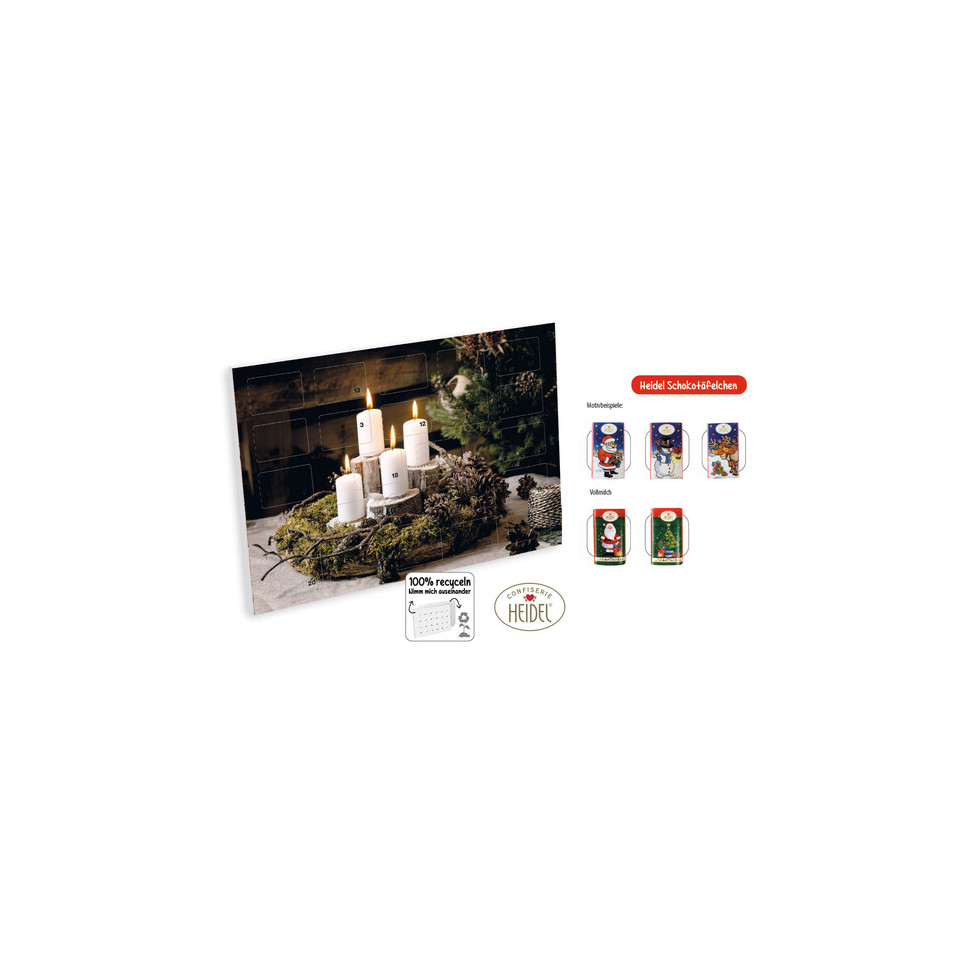 Calendrier de l'Avent personnalisé fabriqué en Europe 342.5x242x10 mm chocolats Heidel emballés 