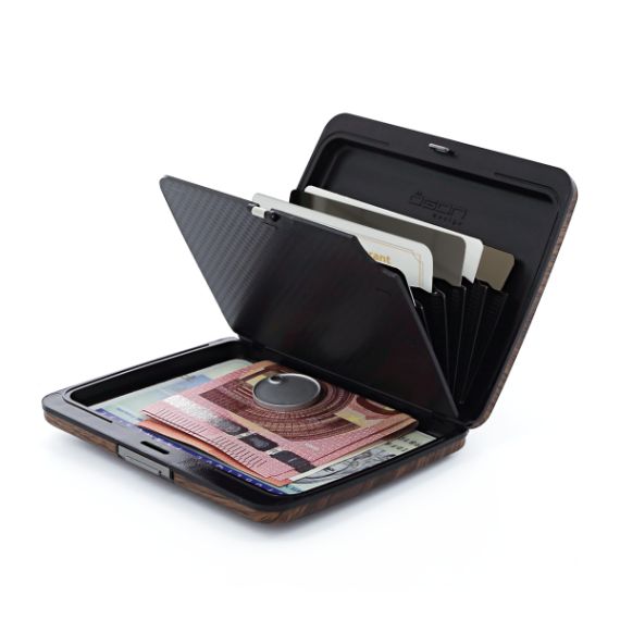 Porte cartes personnalisé RFID Aluminium imprimé aspect bois OGON Smart Case V2 grand modèle