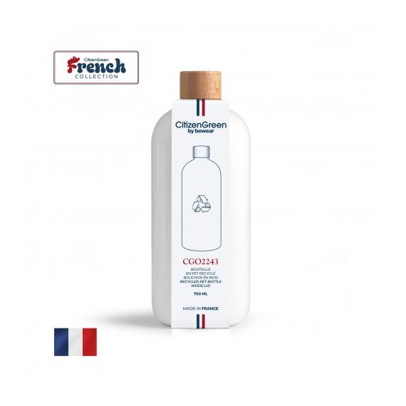 Bouteille publicitaire 100 % PET recyclé avec bouchon à vis en bois Fabriqué en France