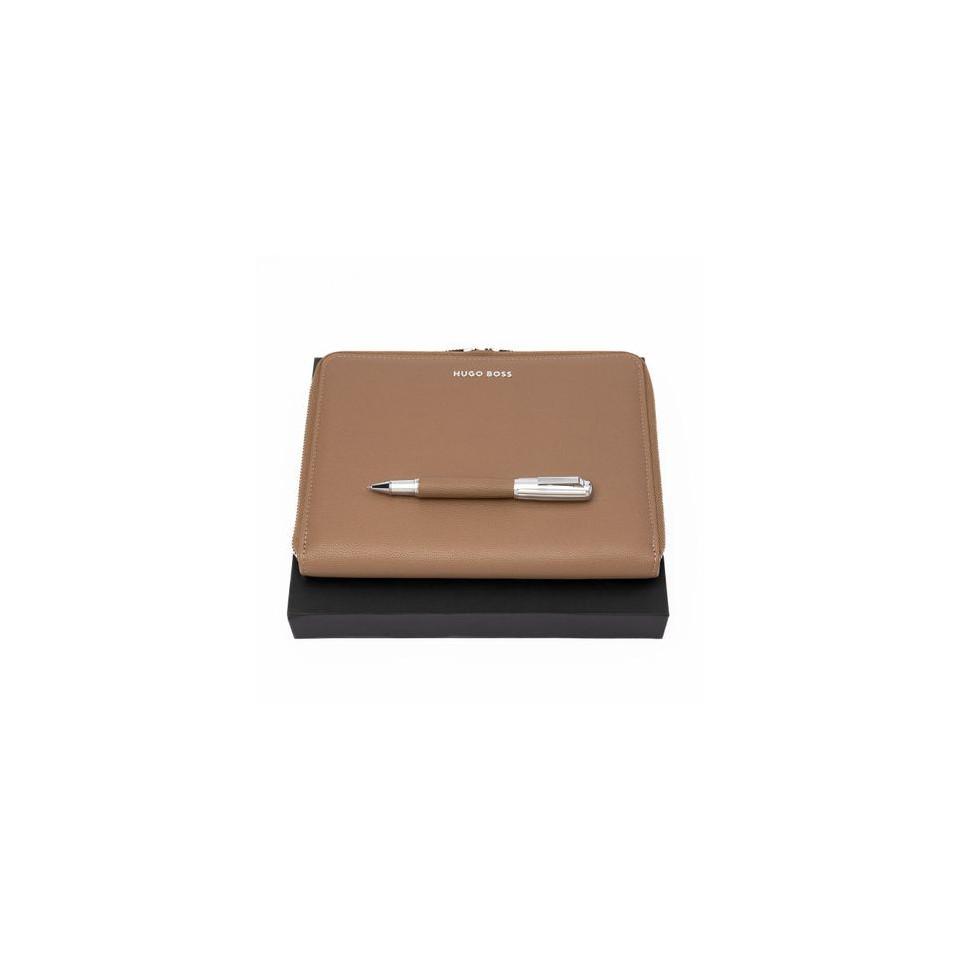 Parure publicitaire Iconic Pebbled (stylo roller & conférencier A5)