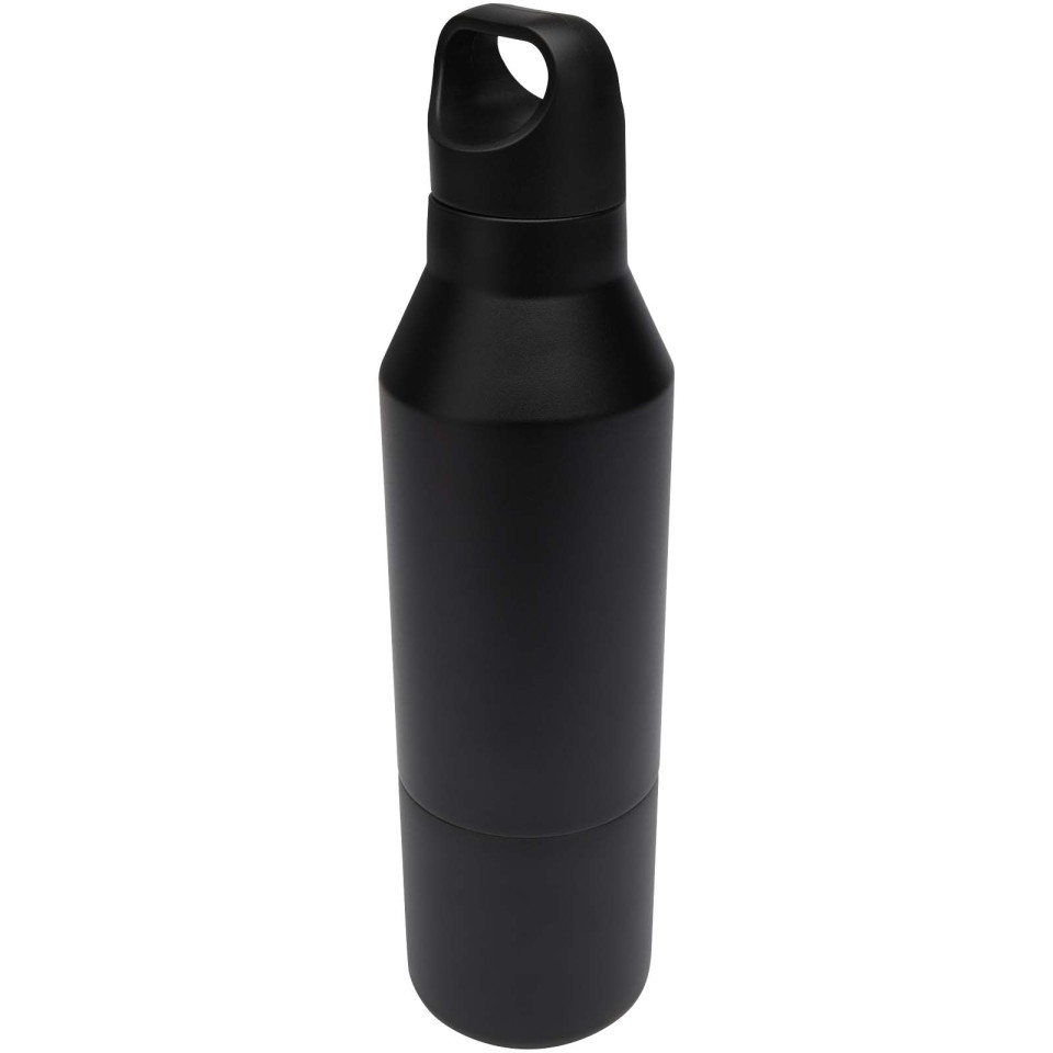 Bouteille publicitaire isotherme Odessy de 600 ml en acier inoxydable recyclé RCS avec gobelet de 300 ml