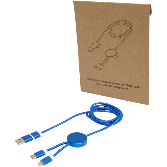 Câble publicitaire 5 en 1 Alasia en aluminium et plastique recyclés de 150 cm pour la synchronisation des données 27 W Câble publicitaire 5 en 1 Alasia en aluminium et plastique recyclés de 150 cm pour la synchronisation des données 27 W