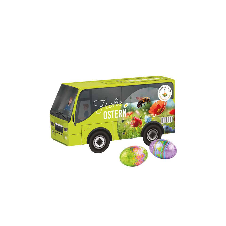 Bus publicitaire personnalisable fabriqué en Europe avec œufs de pâques en chocolat