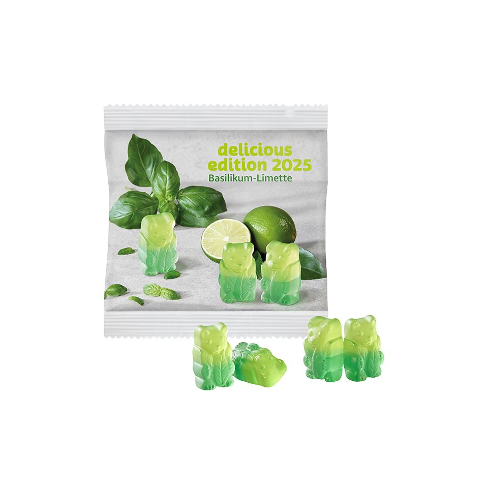 Bonbon personnalisé gomme de fruits ourson vegan au basilic et citron vert 20 gr fabriqué en Europe