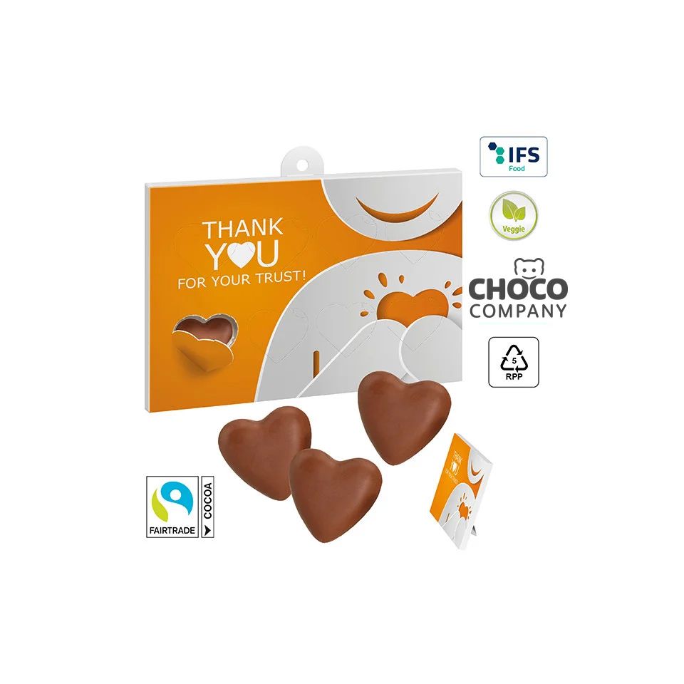 Boîte de cœurs en chocolat publicitaires fabriqués en Europe Veggie