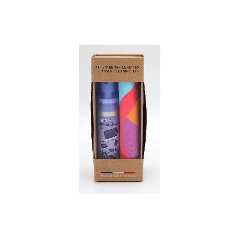 Kit publicitaire microfibre et spray nettoyant pour écrans et lunettes fabriqué en France