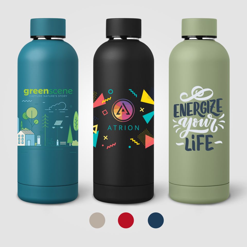 Bouteille publicitaire isotherme Astrid en acier inoxydable à double paroi de 530 ml