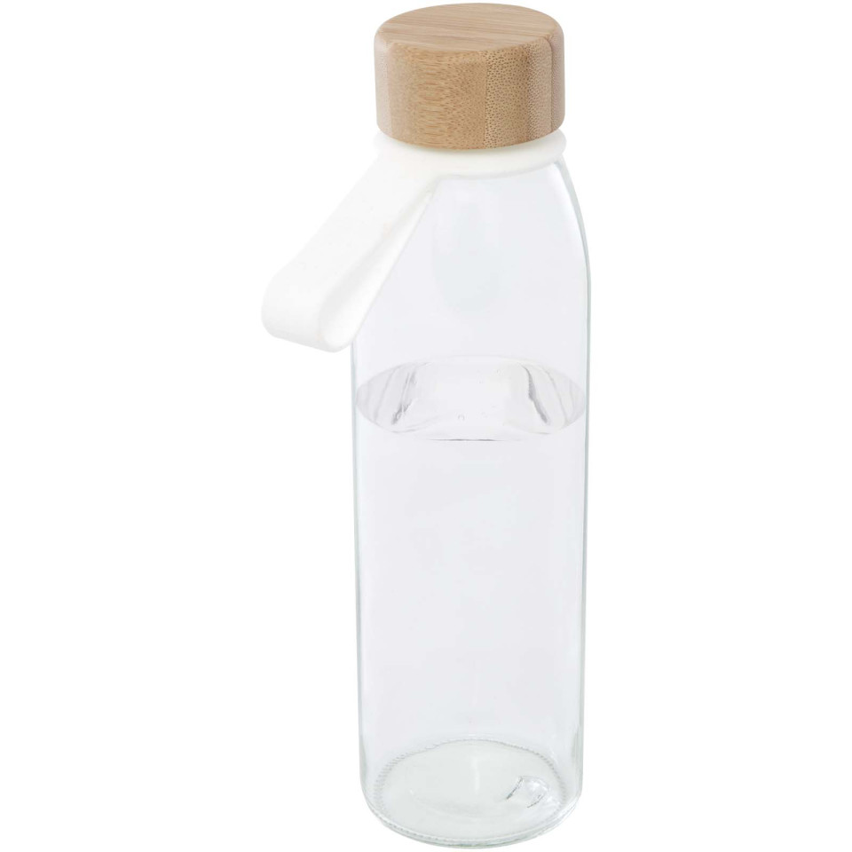 Bouteille publicitaire d'eau en verre Porto de 500 ml avec poignée en silicone et couvercle en bambou
