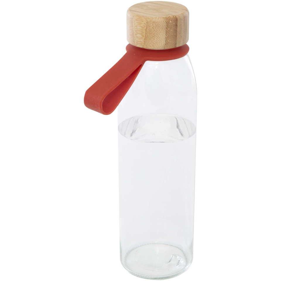 Bouteille publicitaire d'eau en verre Porto de 500 ml avec poignée en silicone et couvercle en bambou